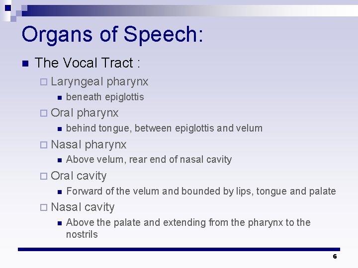 Organs of Speech: n The Vocal Tract : ¨ Laryngeal n beneath epiglottis ¨ Organs of Speech: n The Vocal Tract : ¨ Laryngeal n beneath epiglottis ¨