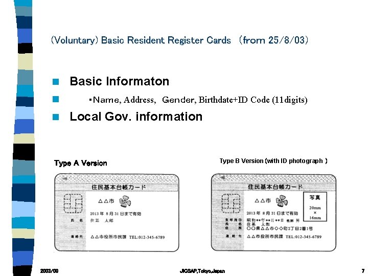 (Voluntary) Basic Resident Register Cards （ｆｒｏｍ 25/8/03） n n n Basic Informaton ・Ｎａｍｅ, Address,