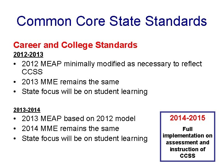 Common Core State Standards Career and College Standards 2012 -2013 • 2012 MEAP minimally