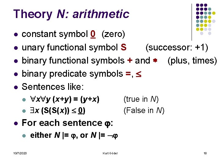 Theory N: arithmetic l l l constant symbol 0 (zero) unary functional symbol S