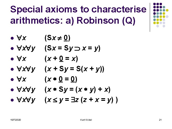 Special axioms to characterise arithmetics: a) Robinson (Q) l l l l x x