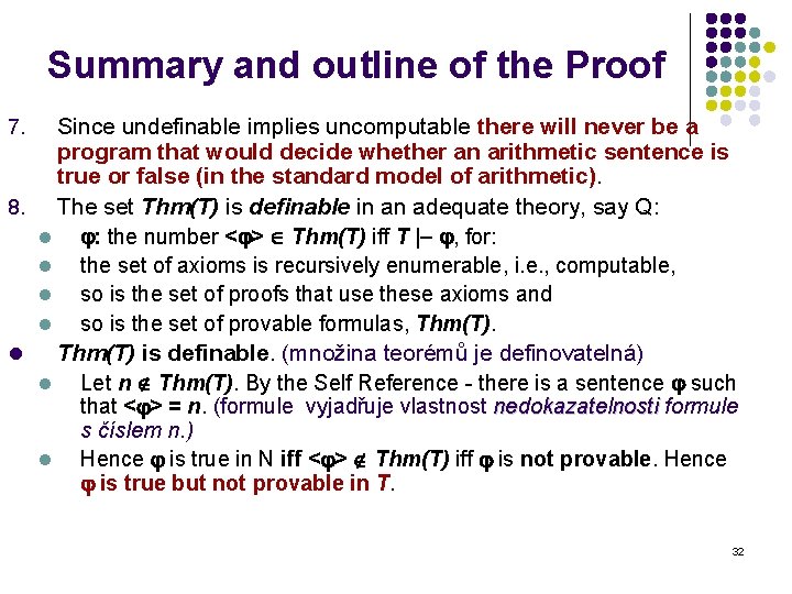 Summary and outline of the Proof Since undefinable implies uncomputable there will never be