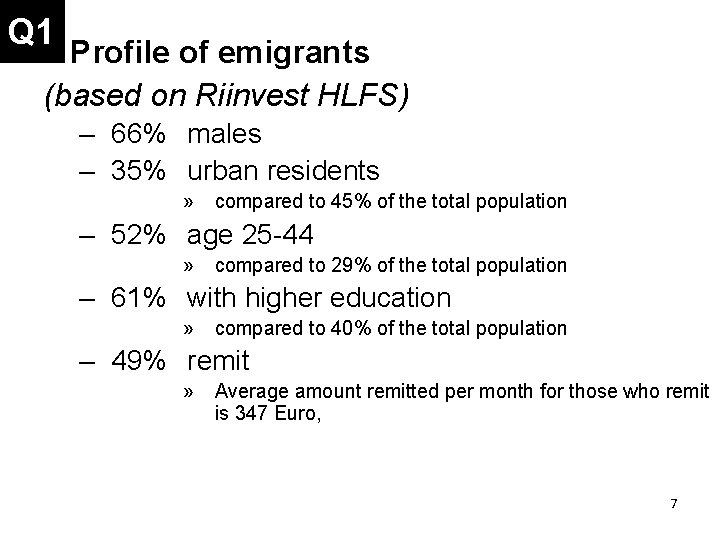 Q 1 • Profile of emigrants (based on Riinvest HLFS) – 66% males –