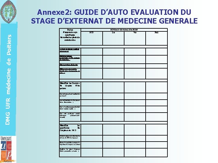 DMG UFR médecine de Poitiers Annexe 2: GUIDE D’AUTO EVALUATION DU STAGE D’EXTERNAT DE