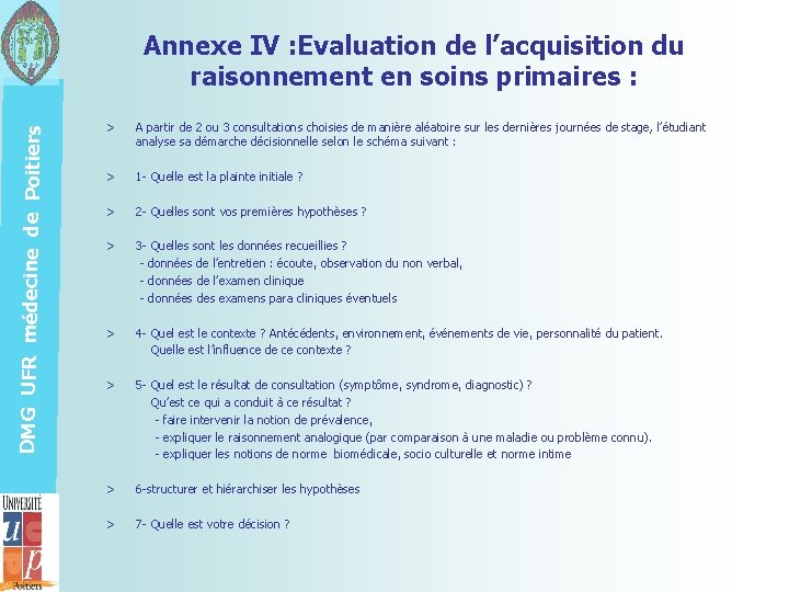 DMG UFR médecine de Poitiers Annexe IV : Evaluation de l’acquisition du raisonnement en