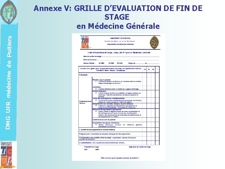 DMG UFR médecine de Poitiers Annexe V: GRILLE D’EVALUATION DE FIN DE STAGE en