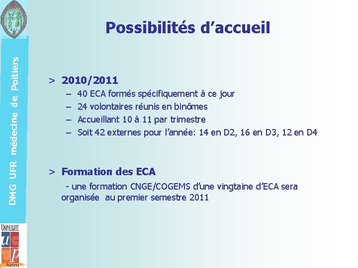 DMG UFR médecine de Poitiers Possibilités d’accueil > 2010/2011 – – 40 ECA formés DMG UFR médecine de Poitiers Possibilités d’accueil > 2010/2011 – – 40 ECA formés