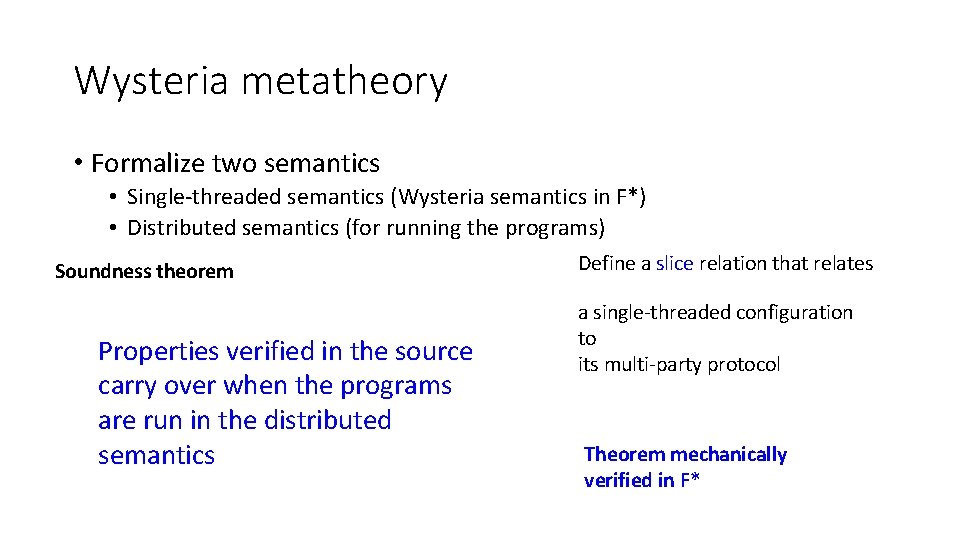 Wysteria metatheory • Formalize two semantics • Single-threaded semantics (Wysteria semantics in F*) •