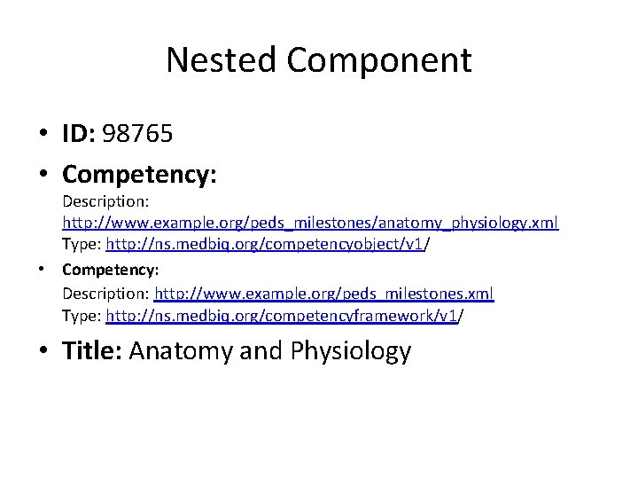 Nested Component • ID: 98765 • Competency: Description: http: //www. example. org/peds_milestones/anatomy_physiology. xml Type: