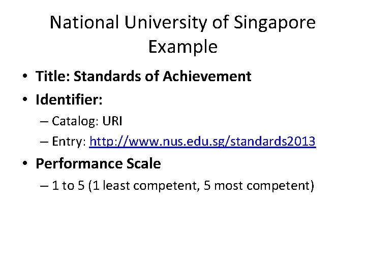 National University of Singapore Example • Title: Standards of Achievement • Identifier: – Catalog: