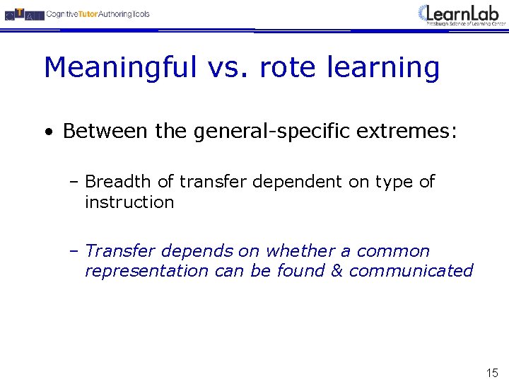 Meaningful vs. rote learning • Between the general-specific extremes: – Breadth of transfer dependent