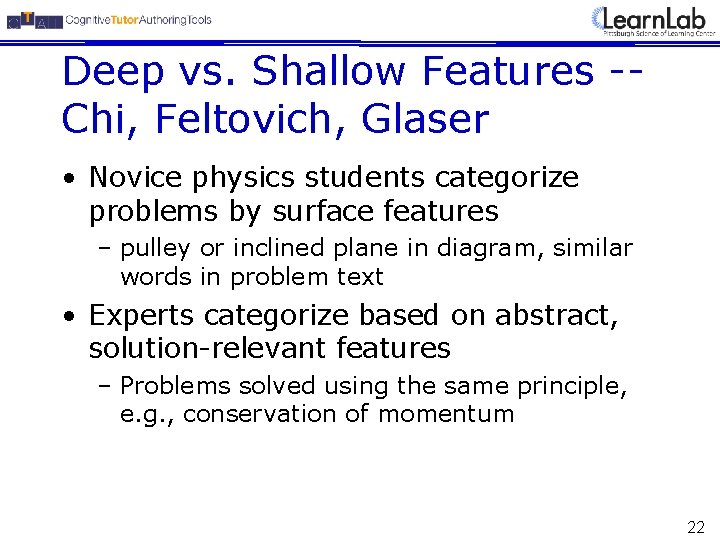 Deep vs. Shallow Features -Chi, Feltovich, Glaser • Novice physics students categorize problems by