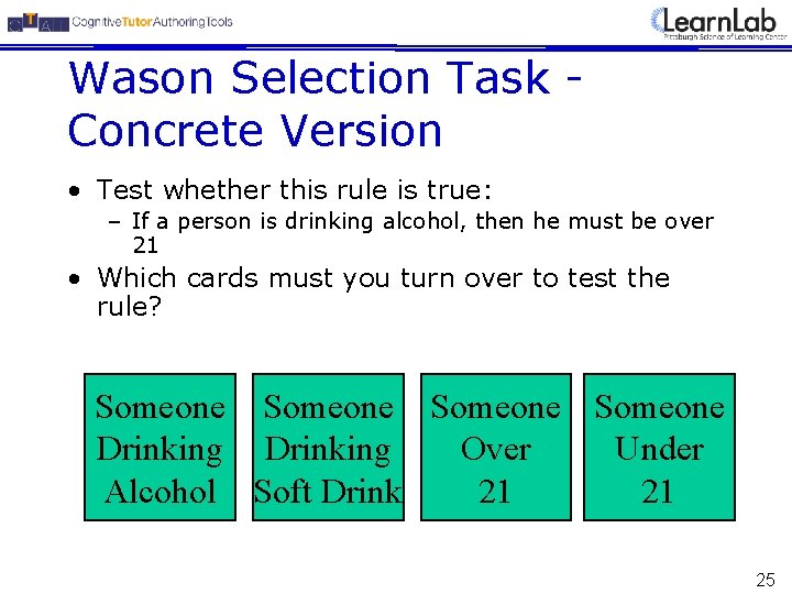 Wason Selection Task Concrete Version • Test whether this rule is true: – If