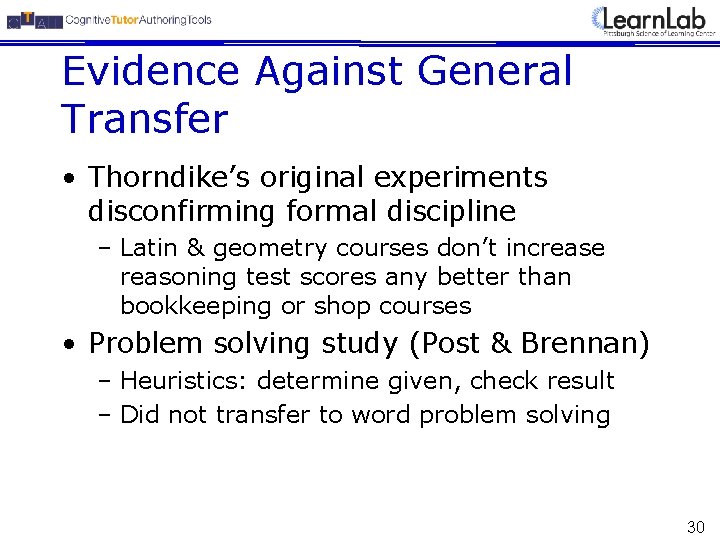 Evidence Against General Transfer • Thorndike’s original experiments disconfirming formal discipline – Latin &