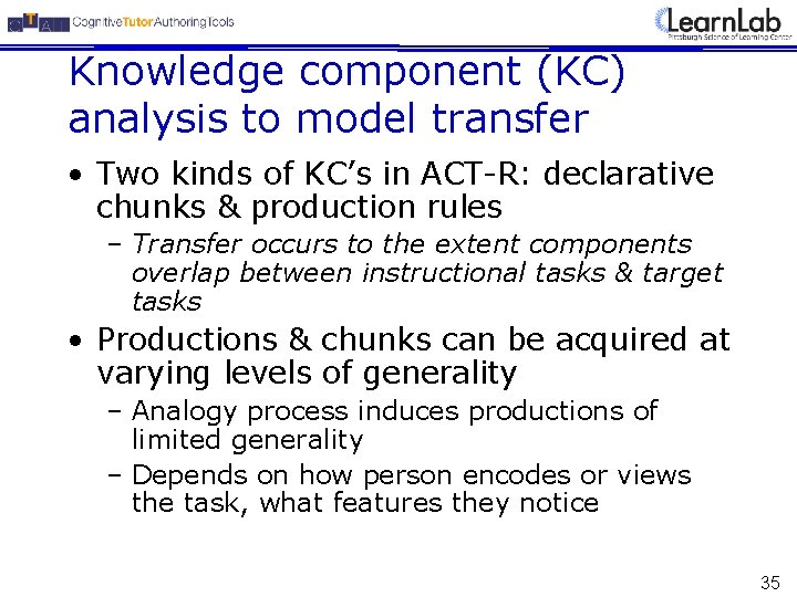 Knowledge component (KC) analysis to model transfer • Two kinds of KC’s in ACT-R: