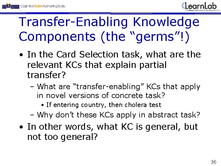 Transfer-Enabling Knowledge Components (the “germs”!) • In the Card Selection task, what are the
