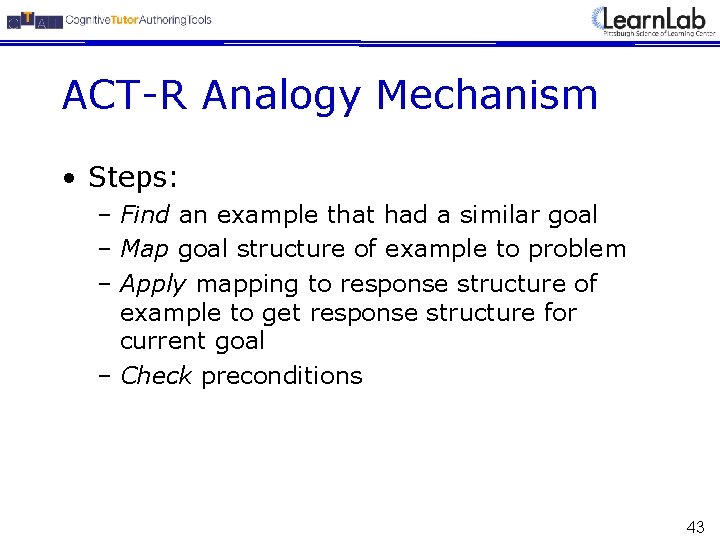 ACT-R Analogy Mechanism • Steps: – Find an example that had a similar goal