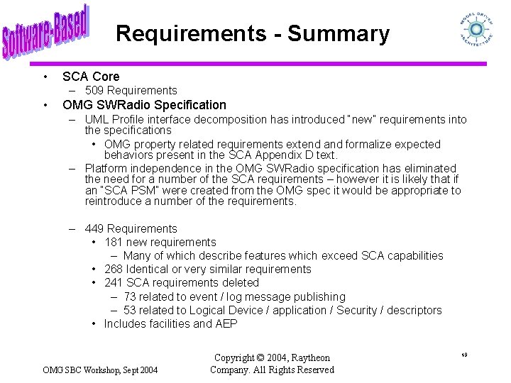 Requirements - Summary • SCA Core – 509 Requirements • OMG SWRadio Specification –
