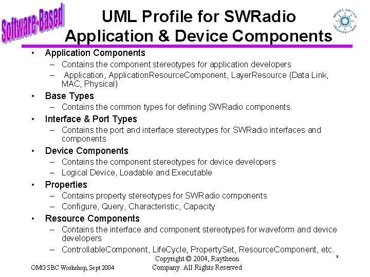 UML Profile for SWRadio Application & Device Components • Application Components – Contains the