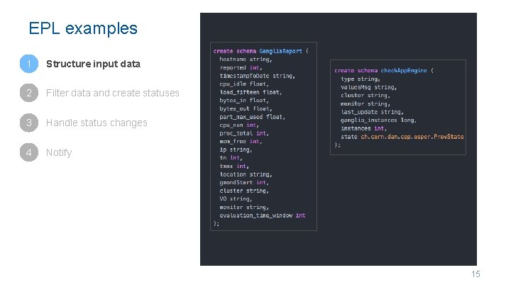 EPL examples 1 Structure input data 2 Filter data and create statuses 3 Handle