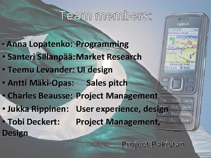 Team members: • Anna Lopatenko: Programming • Santeri Sillanpää: Market Research • Teemu Levander: