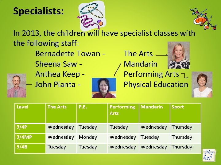 Specialists: In 2013, the children will have specialist classes with the following staff: Bernadette