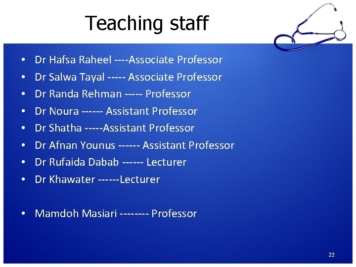 Teaching staff • • Dr Hafsa Raheel ----Associate Professor Dr Salwa Tayal ----- Associate