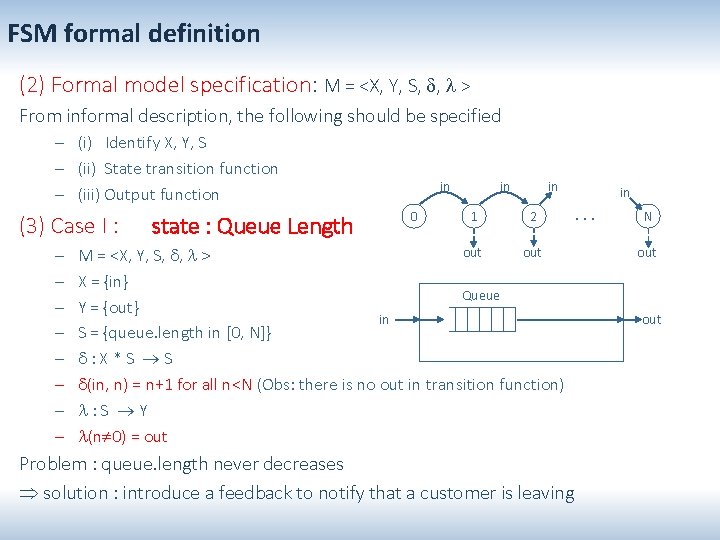 FSM formal definition (2) Formal model specification: M = <X, Y, S, , >