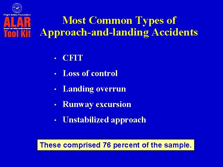 Most Common Types of Approach-and-landing Accidents • CFIT • Loss of control • Landing