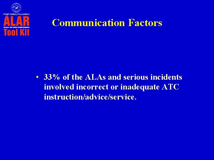 Communication Factors • 33% of the ALAs and serious incidents involved incorrect or inadequate