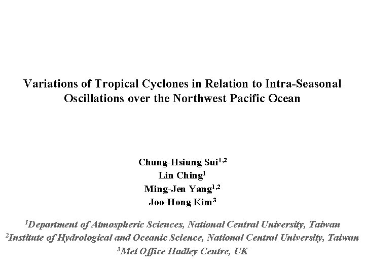 Variations of Tropical Cyclones in Relation to Intra-Seasonal Oscillations over the Northwest Pacific Ocean