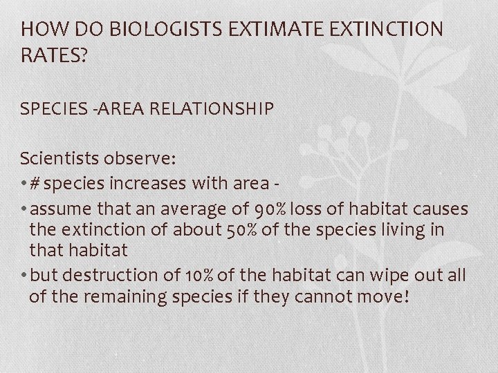 HOW DO BIOLOGISTS EXTIMATE EXTINCTION RATES? SPECIES -AREA RELATIONSHIP Scientists observe: • # species