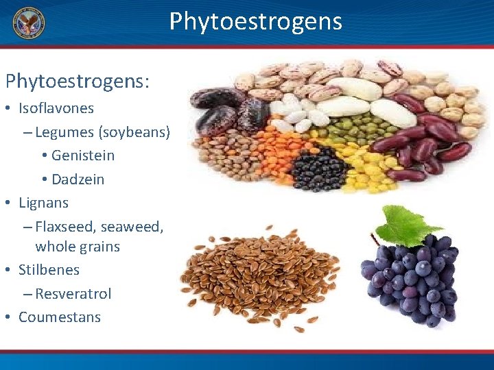 Phytoestrogens: • Isoflavones – Legumes (soybeans) • Genistein • Dadzein • Lignans – Flaxseed,