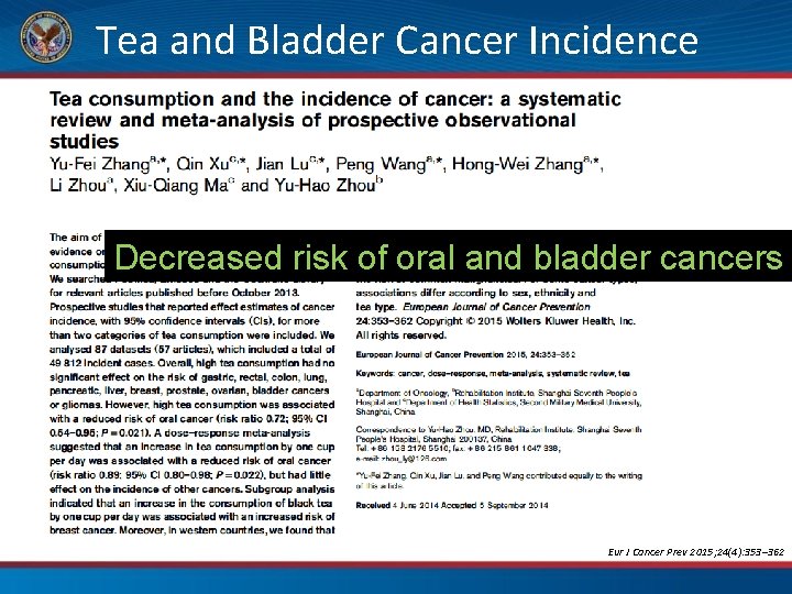 Tea and Bladder Cancer Incidence Decreased risk of oral and bladder cancers Eur J