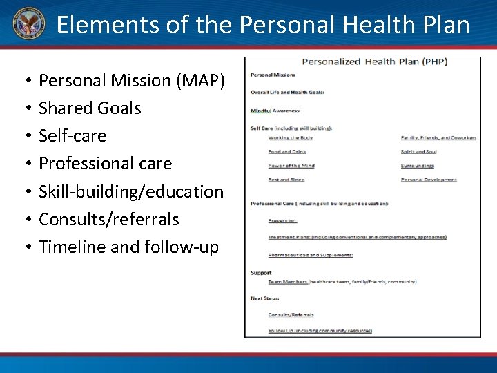 Elements of the Personal Health Plan • • Personal Mission (MAP) Shared Goals Self-care