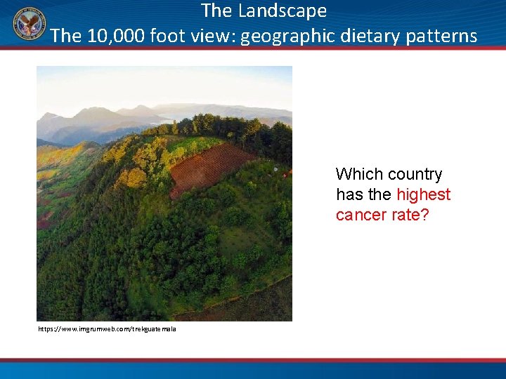 The Landscape The 10, 000 foot view: geographic dietary patterns Which country has the