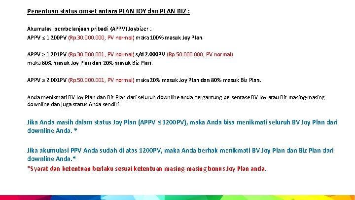 Penentuan status omset antara PLAN JOY dan PLAN BIZ : Akumulasi pembelanjaan pribadi (APPV)