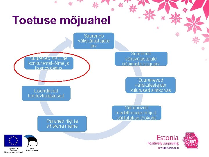 Toetuse mõjuahel Suureneb väliskülastajate arv Suureneb VKE-de konkurentsivõime ja lisandväärtus Lisanduvad korduvkülastused Paraneb riigi