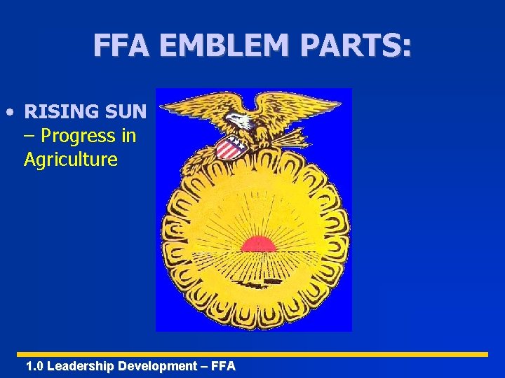 FFA EMBLEM PARTS: • RISING SUN – Progress in Agriculture 1. 0 Leadership Development