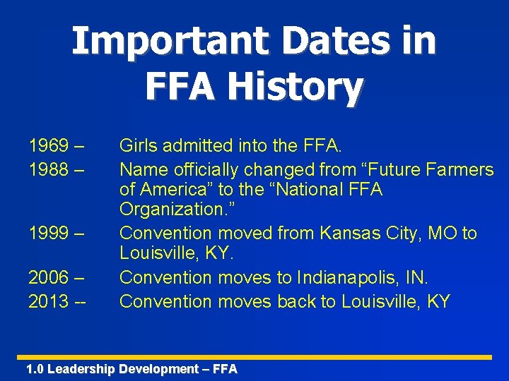 Important Dates in FFA History 1969 – 1988 – 1999 – 2006 – 2013