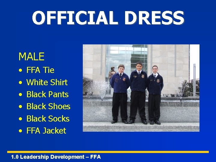 OFFICIAL DRESS MALE • • • FFA Tie White Shirt Black Pants Black Shoes