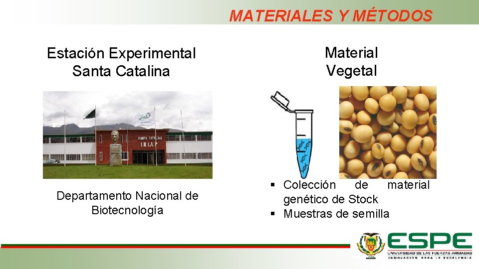 MATERIALES Y MÉTODOS Estación Experimental Santa Catalina Departamento Nacional de Biotecnología Material Vegetal §