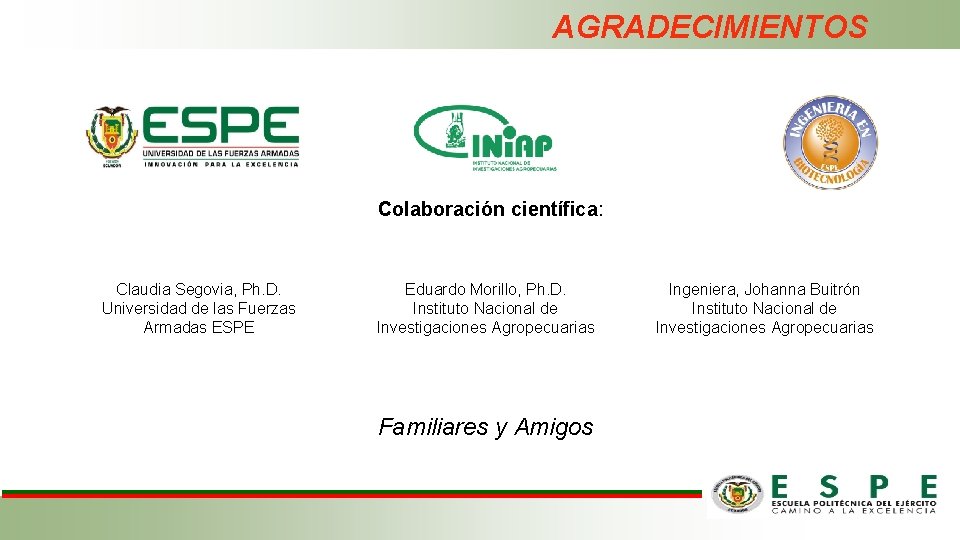 AGRADECIMIENTOS Colaboración científica: Claudia Segovia, Ph. D. Universidad de las Fuerzas Armadas ESPE Eduardo