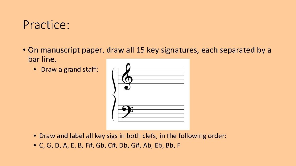 Practice: • On manuscript paper, draw all 15 key signatures, each separated by a Practice: • On manuscript paper, draw all 15 key signatures, each separated by a