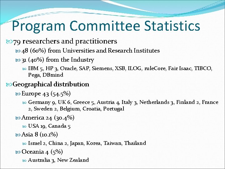 Program Committee Statistics 79 researchers and practitioners 48 (60%) from Universities and Research Institutes