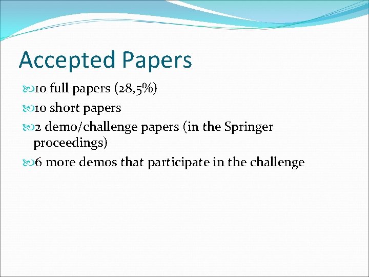Accepted Papers 10 full papers (28, 5%) 10 short papers 2 demo/challenge papers (in