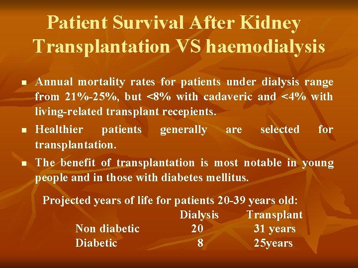 Patient Survival After Kidney Transplantation VS haemodialysis n n n Annual mortality rates for Patient Survival After Kidney Transplantation VS haemodialysis n n n Annual mortality rates for