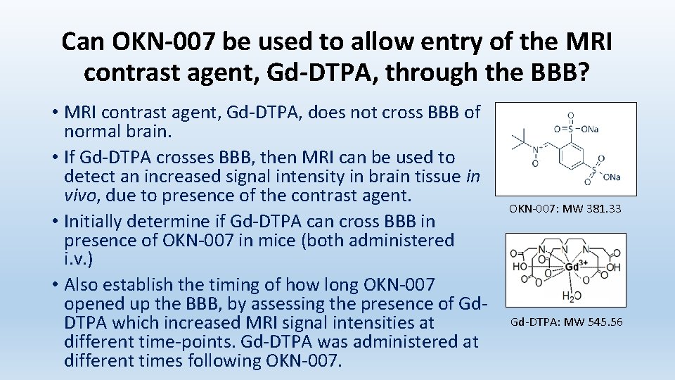 Can OKN-007 be used to allow entry of the MRI contrast agent, Gd-DTPA, through