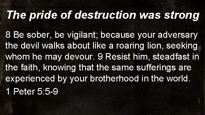 The pride of destruction was strong 8 Be sober, be vigilant; because your adversary