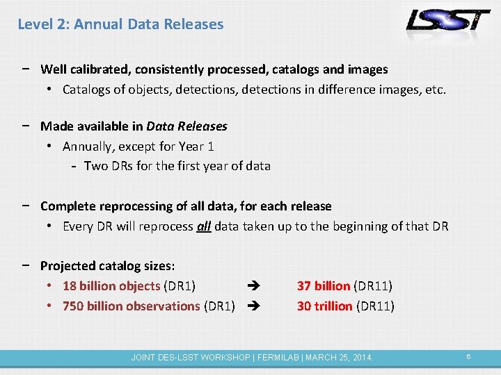Level 2: Annual Data Releases − Well calibrated, consistently processed, catalogs and images •
